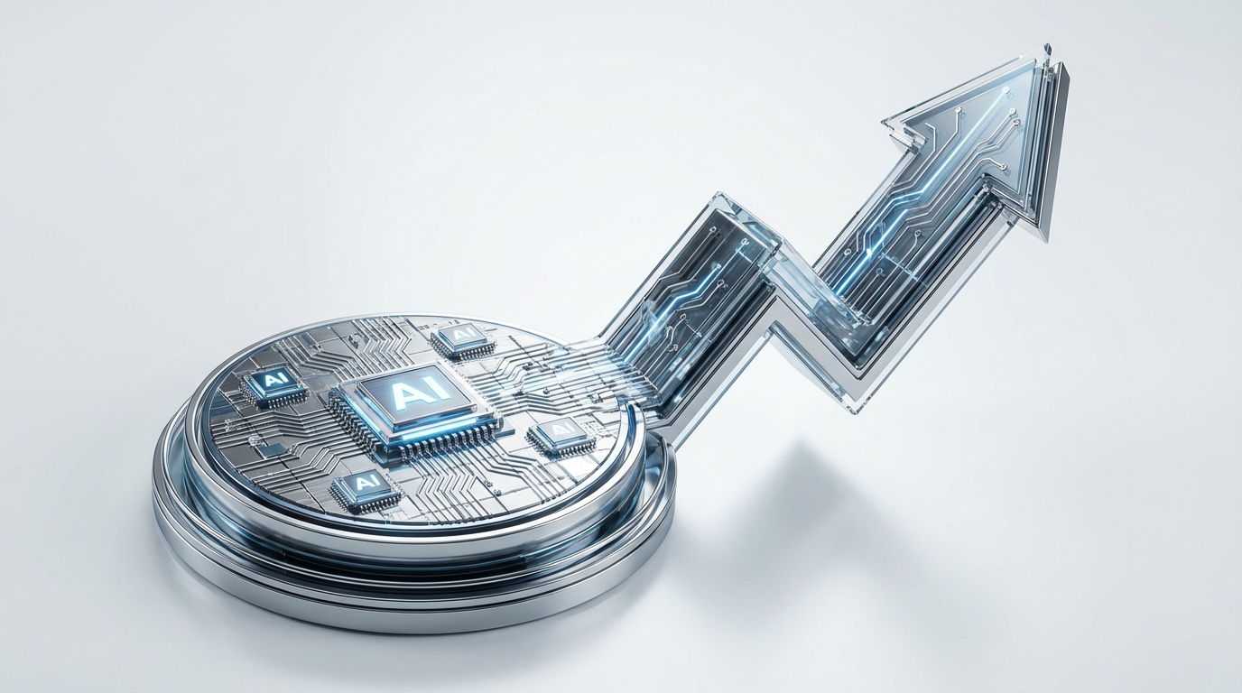 상승하는 금융 그래프 화살표와 함께 배치된 최첨단 반도체 웨이퍼의 고품질 3D 렌더링 이미지