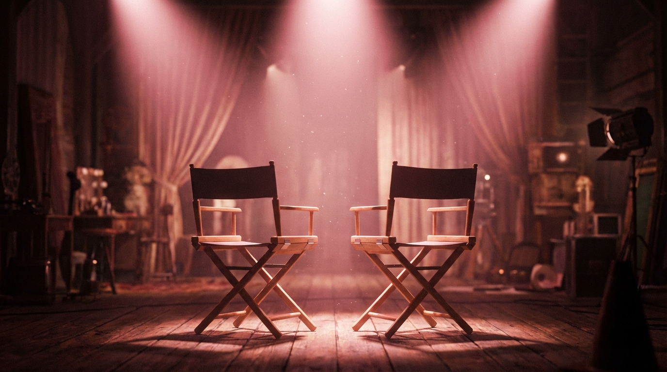 영화 촬영장 세트 배경, 나란히 놓인 두 개의 감독 의자 위로 핑크빛 스포트라이트가 비추는 로맨틱한 장면