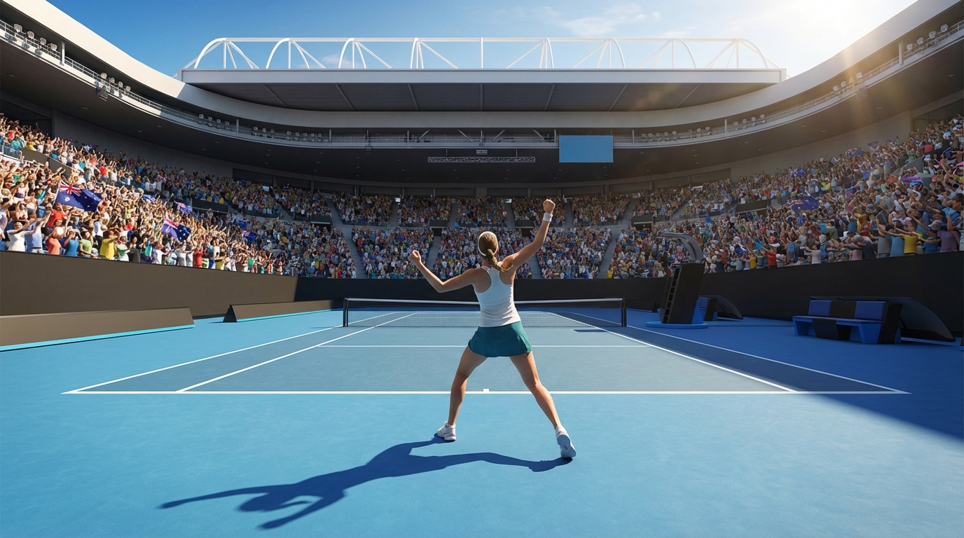 호주 멜버른 파크의 파란색 하드 코트 위에서 승리의 포효를 하는 여성 테니스 선수의 뒷모습과 환호하는 관중들