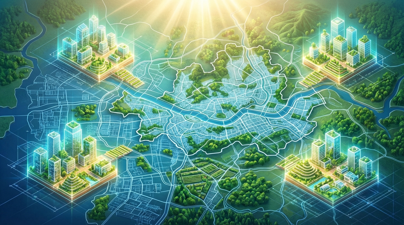 서울 서초와 경기도 주요 지역 지도 위에 표시된 4개의 신규 택지 후보지 아이콘과 친환경 도시 계획 청사진이 어우러진 그래픽