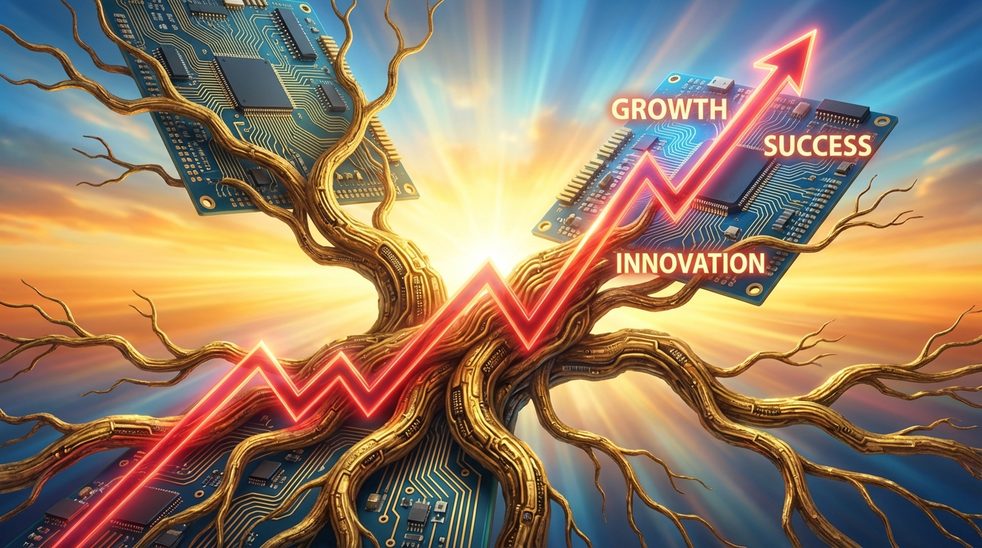 황금색 반도체 회로가 나무 뿌리처럼 뻗어나가고 붉은색 주식 상승 그래프가 위로 치솟는 웅장한 디지털 아트 이미지