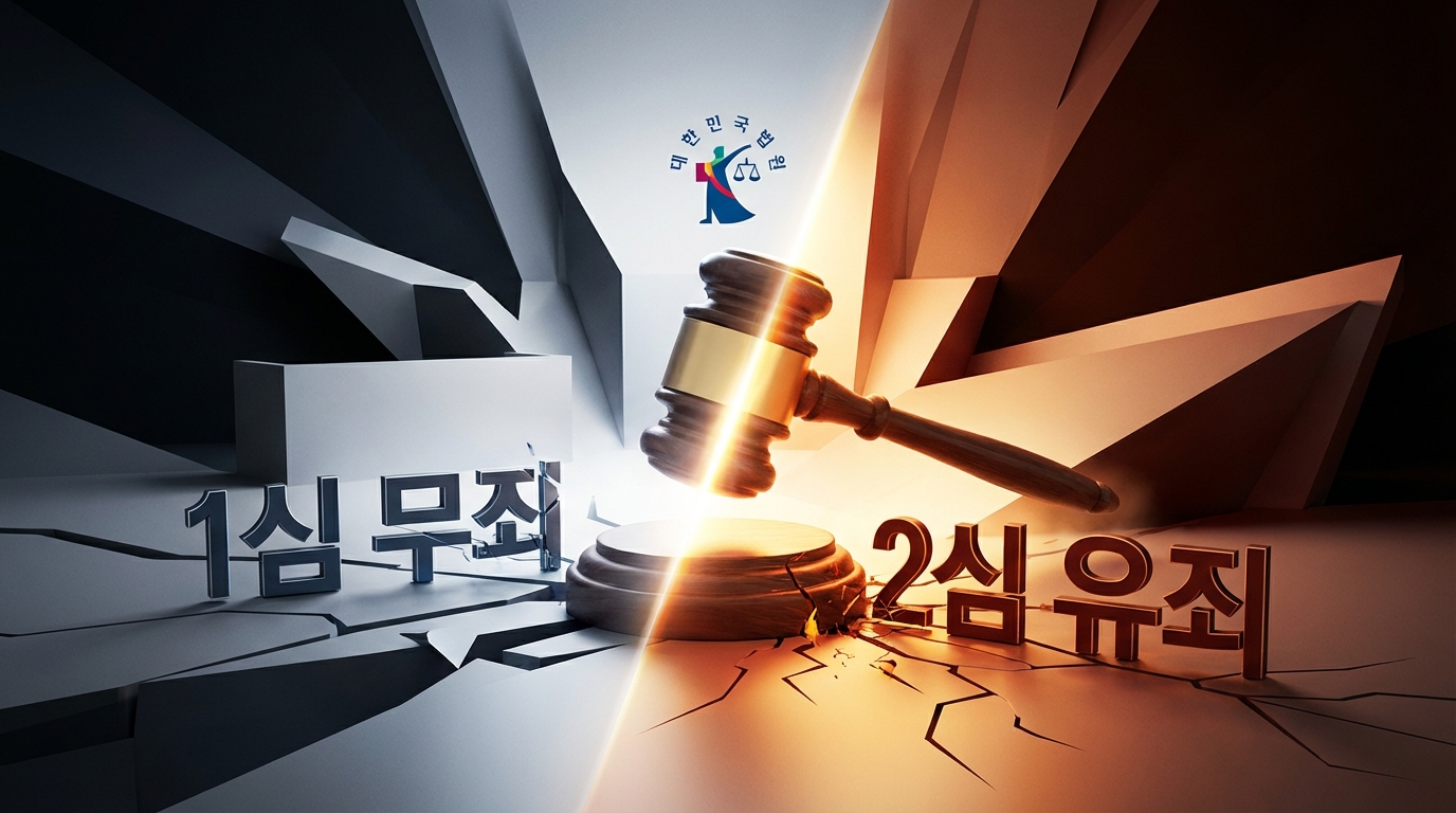 법정에서 판사봉이 내려쳐지는 순간을 묘사한 3D 그래픽, 명암 대비가 뚜렷한 배경