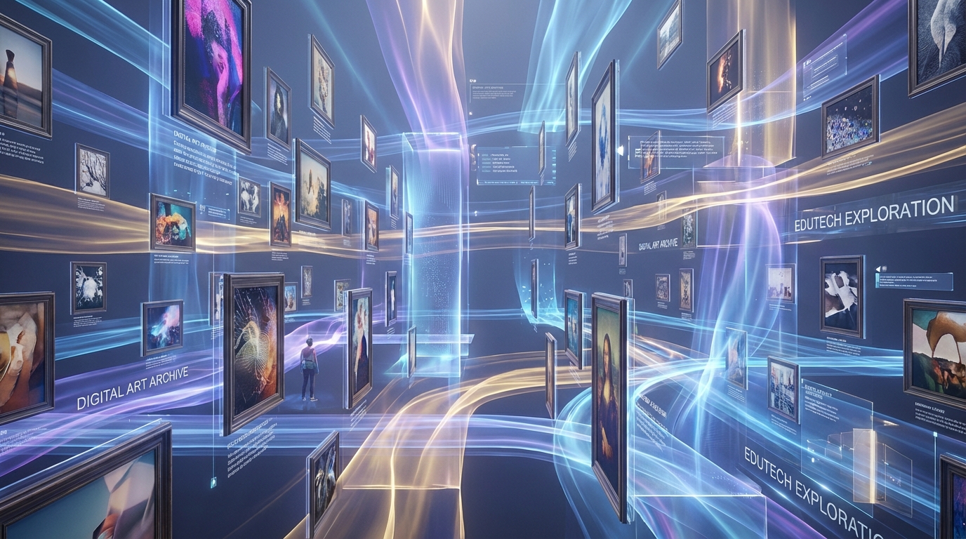 광활한 가상 공간에 수많은 예술 작품 프레임이 떠 있는 디지털 갤러리 아카이브의 전경