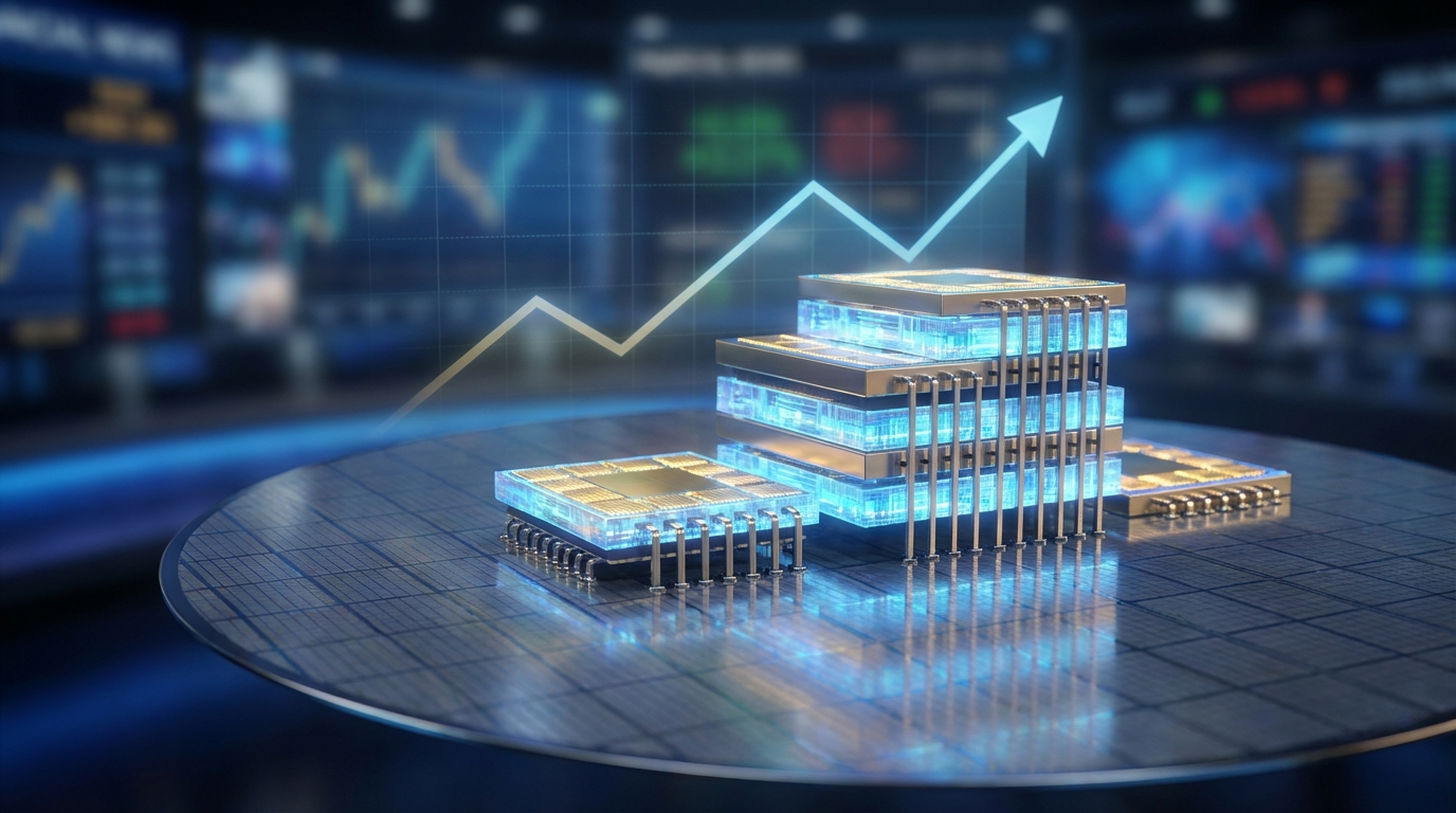 수직으로 적층된 HBM 칩이 보이는 반도체 웨이퍼의 클로즈업 이미지와 배경에 흐릿하게 보이는 상승하는 주가 그래프