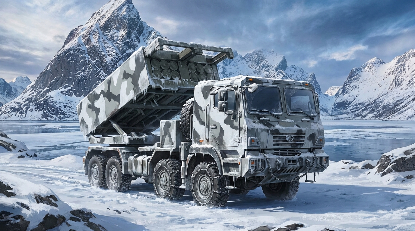 눈 덮인 노르웨이 산악 지형을 배경으로 겨울 위장 도색을 한 K-239 천무 다연장로켓 발사 차량의 모습