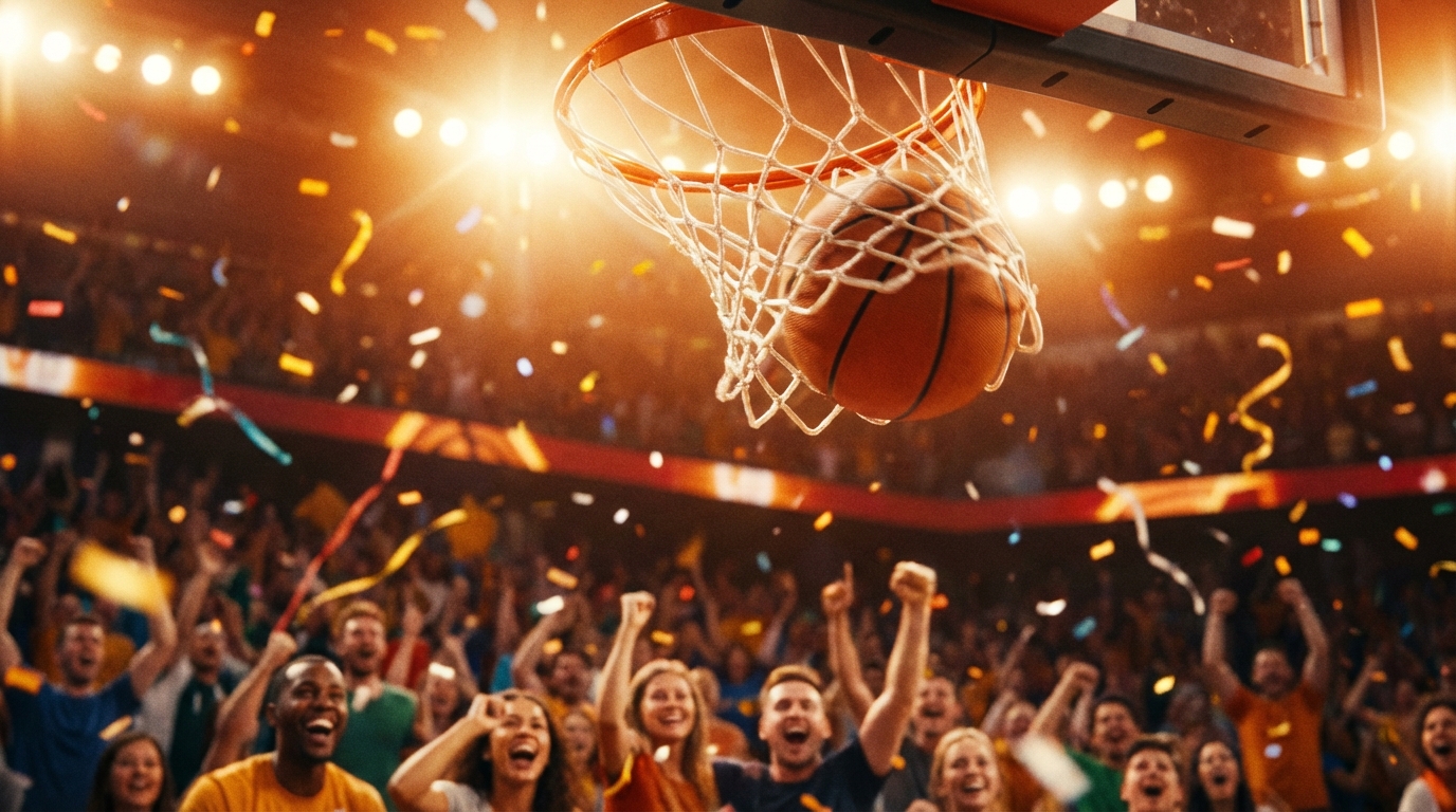 밝은 조명 아래 농구공이 골대 그물망을 통과하는 순간과 흐릿한 관중석 배경