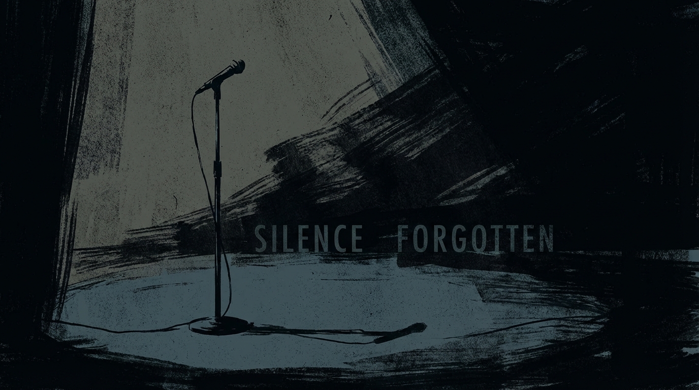 어두운 그림자가 드리운 텅 빈 무대 위에 홀로 남겨진 마이크 스탠드