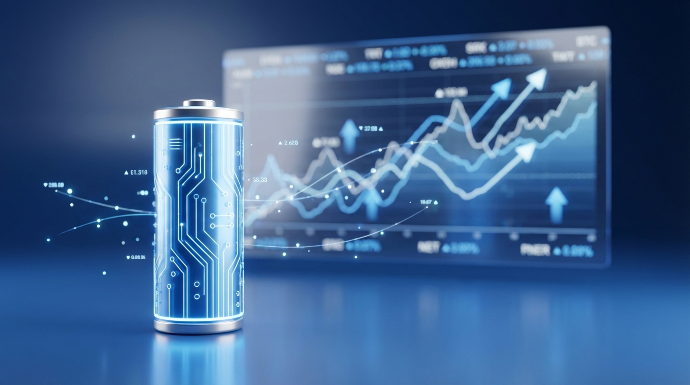 변동성을 나타내는 주식 차트 배경 앞에 놓인 빛나는 전기차 배터리 셀과 금융 분석 데이터 시각화