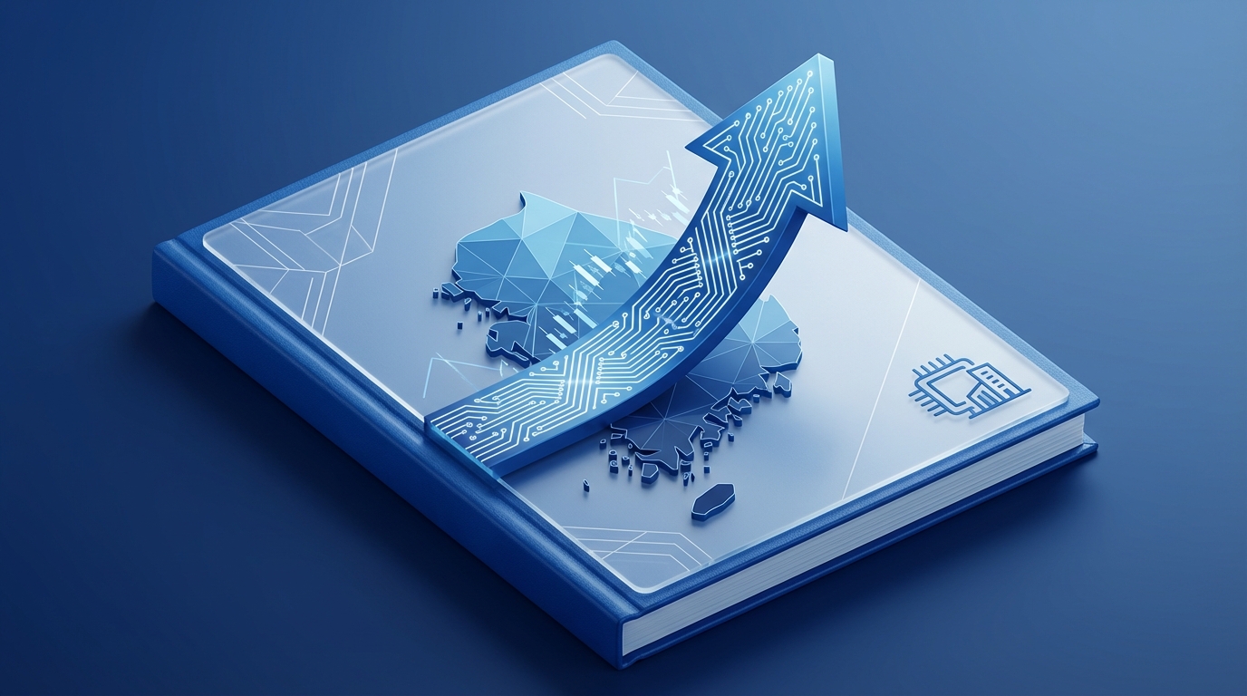 2025년 한국 증시 전망을 나타내는 파란색과 흰색 톤의 3D 아이소메트릭 일러스트, 상승하는 화살표와 반도체 회로 기판 패턴이 어우러진 모습