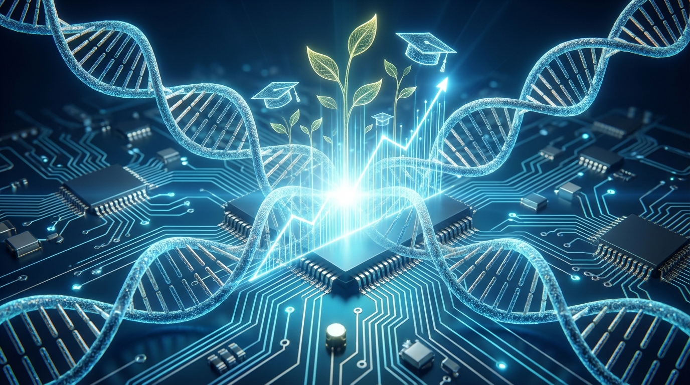 DNA 이중나선과 디지털 회로가 결합된 배경 위로 이공계 인재 성장을 상징하는 새싹 아이콘과 상승하는 그래프 이미지