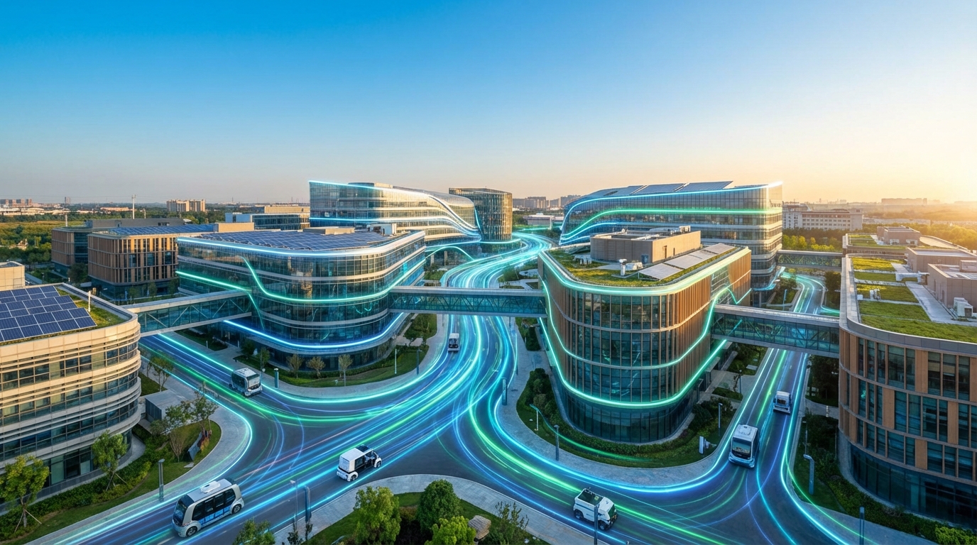 맑은 하늘 아래 현대적인 금오공대 캠퍼스 전경과 미래지향적인 디지털 빛 효과