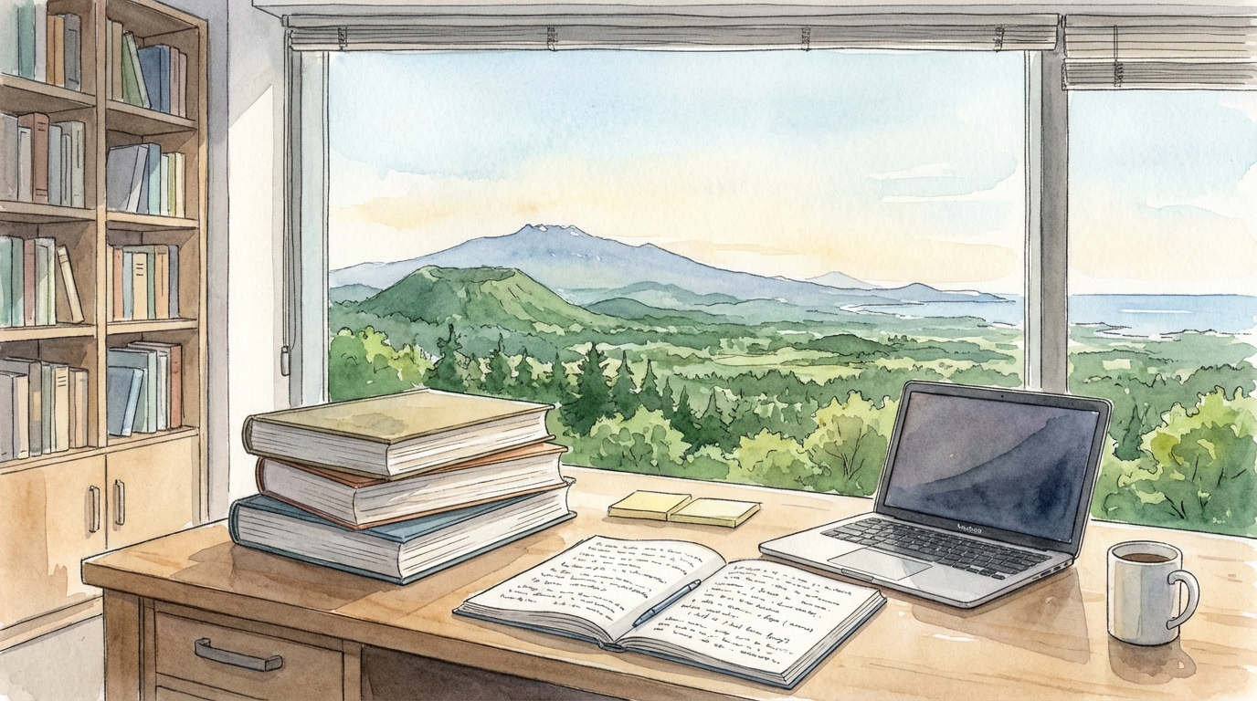 제주도의 푸른 자연 풍경이 보이는 창가에 놓인 책상 위, 전공 서적과 노트북이 정돈되어 있는 차분한 서재 모습