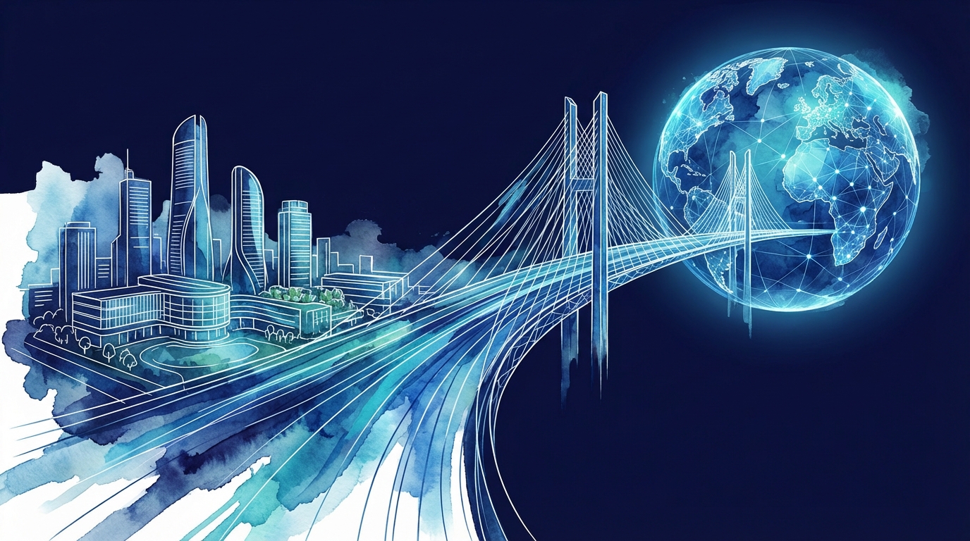 미래지향적인 계명대학교 캠퍼스와 첨단 스마트 병원이 조화를 이루며 지구본으로 이어지는 다리가 묘사된 딥 블루 톤의 일러스트