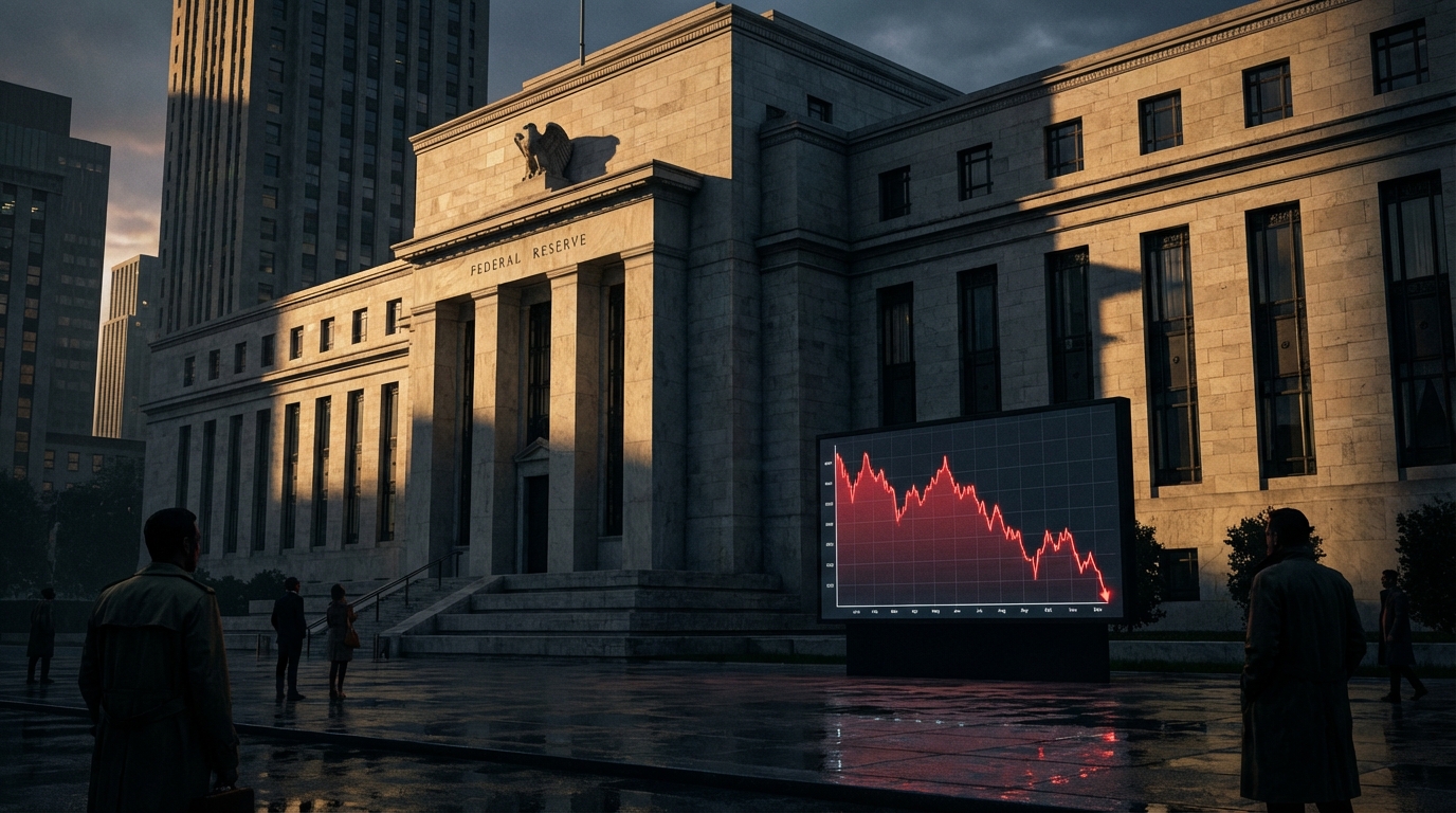 웅장한 연방준비제도 건물 위로 드리운 그림자와 급격히 하락하는 금융 그래프가 겹쳐진 모습