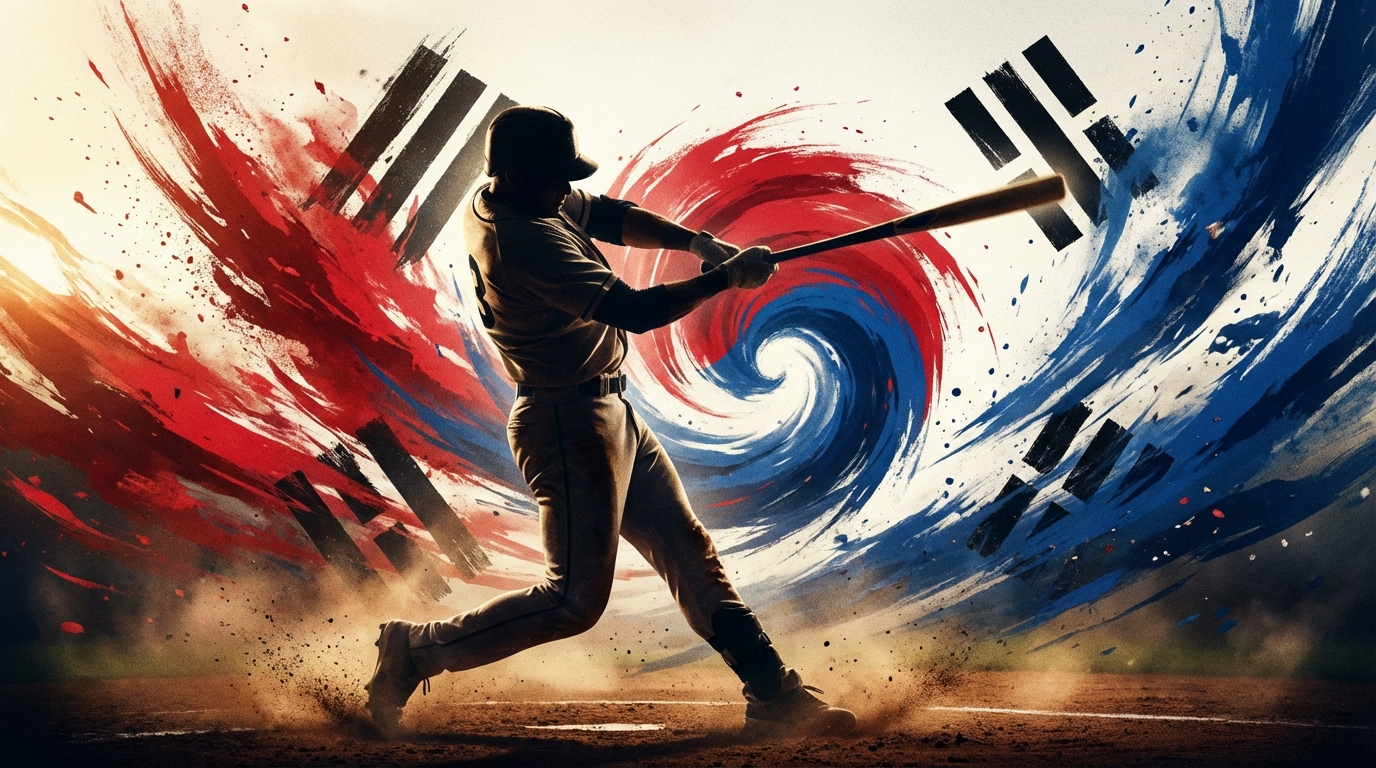 태극 문양의 붉은색과 푸른색 배경 앞에서 강력한 스윙을 준비하는 야구 타자의 실루엣