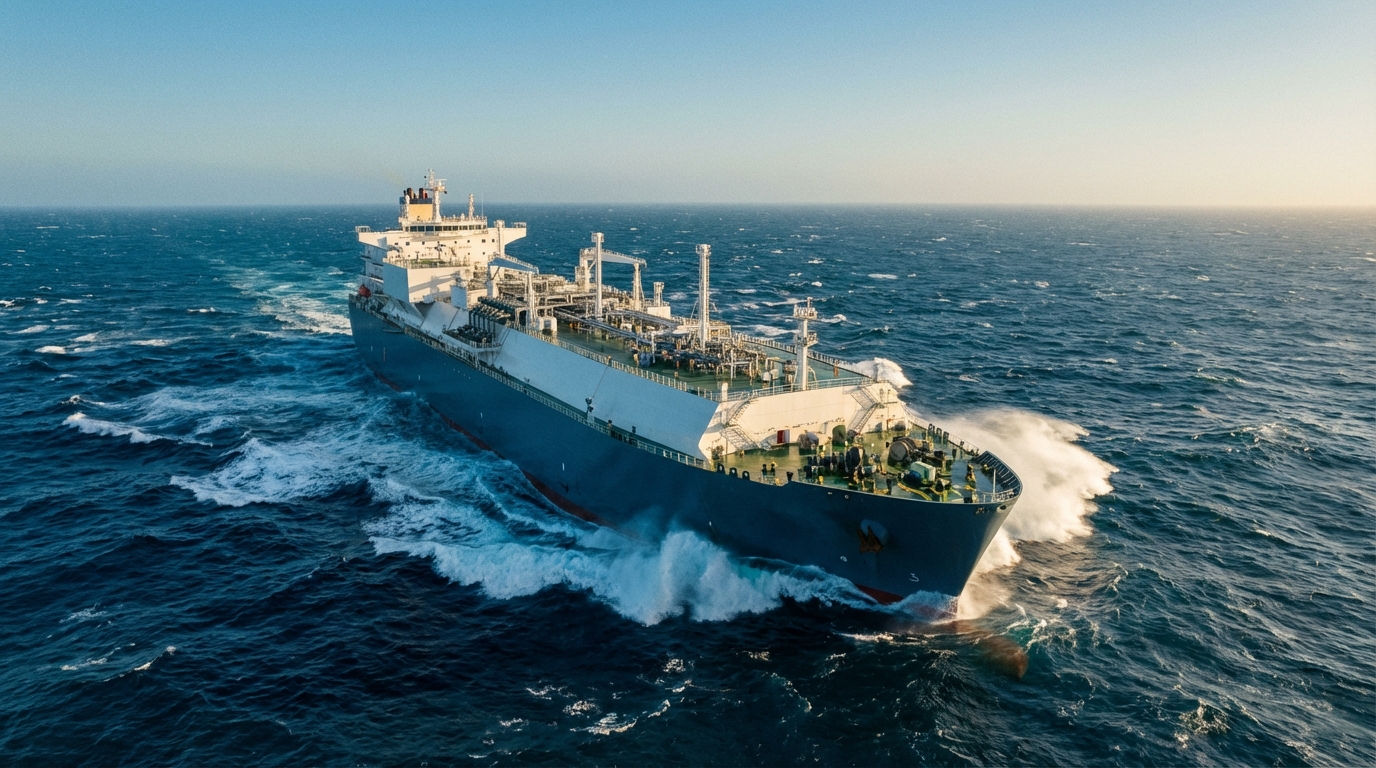 푸른 바다를 힘차게 항해하는 거대한 최신식 LNG 운반선의 항공 촬영 모습