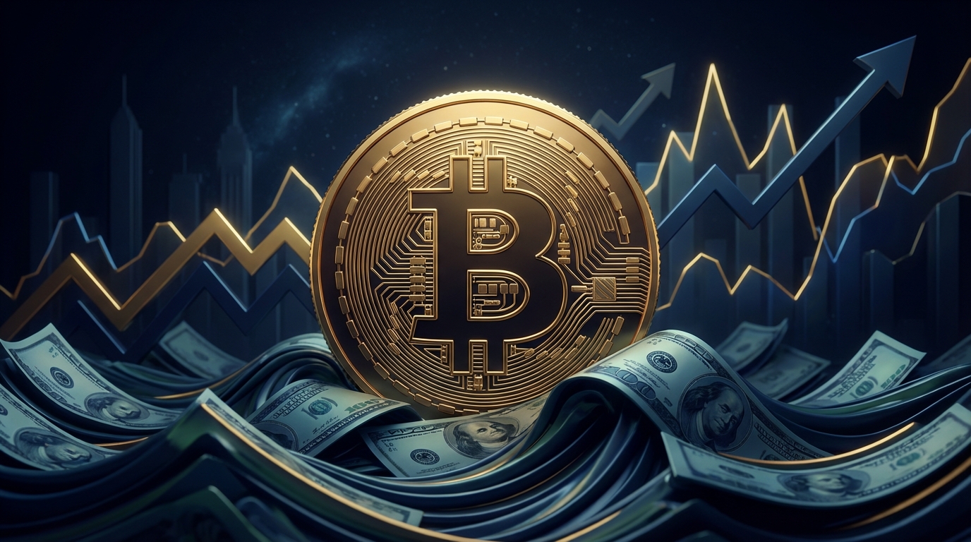 미국 달러 지폐로 이루어진 파도 위에 떠 있는 거대한 금색 비트코인 3D 일러스트와 상승 하락을 반복하는 금융 그래프 배경