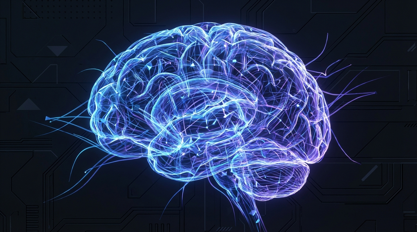 푸른색과 보라색 그라데이션으로 빛나는 복잡한 신경망 연결을 보여주는 미래지향적인 디지털 두뇌 컨셉 이미지
