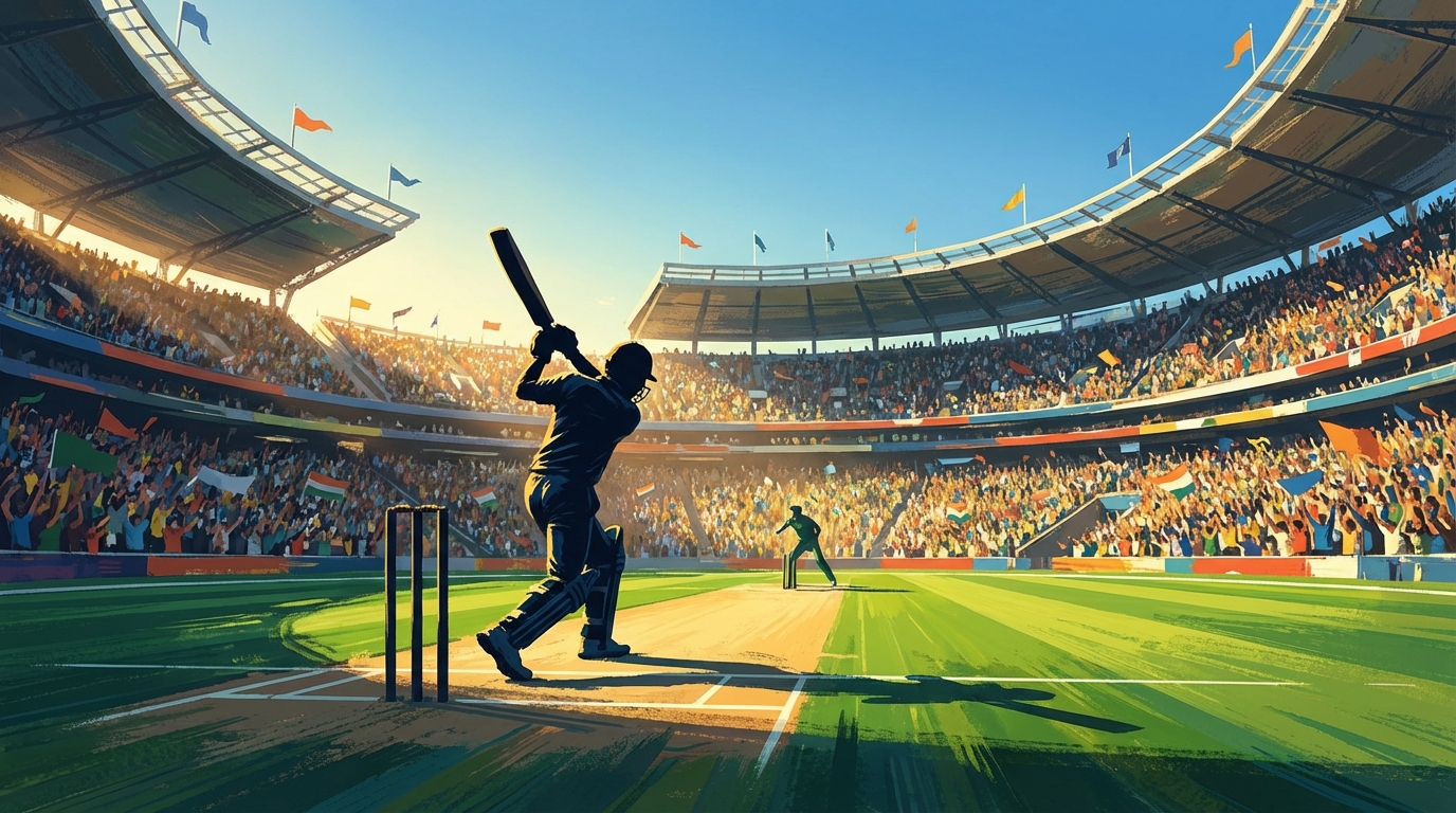 인도 첸나이 MA 치담바람 스타디움의 푸른 잔디 위에서 크리켓 경기를 준비하는 선수들과 관중석 모습