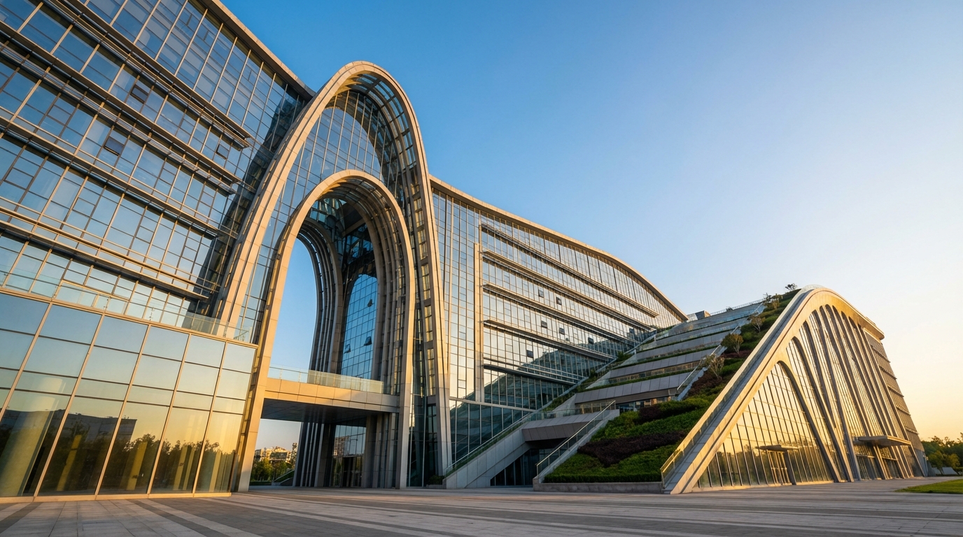 맑은 파란 하늘 아래 따뜻한 햇살을 받고 있는 웅장하고 현대적인 대학교 캠퍼스 본관 건물의 로우 앵글 모습