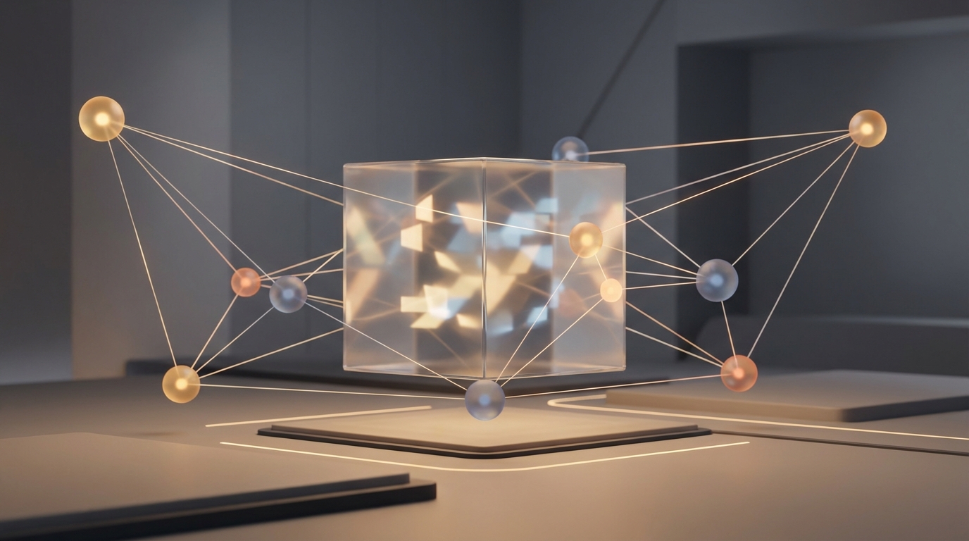 중앙의 투명한 큐브 허브로 연결된 다양한 색상의 빛나는 노드들이 네트워크를 형성하는 추상적인 디지털 오피스 배경