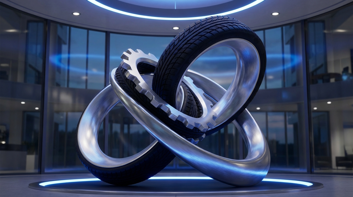 어두운 파란색 배경 위에서 타이어의 고무 질감과 은색 금속 냉각 부품이 서로 맞물려 하나로 결합되는 모습을 표현한 3D 그래픽