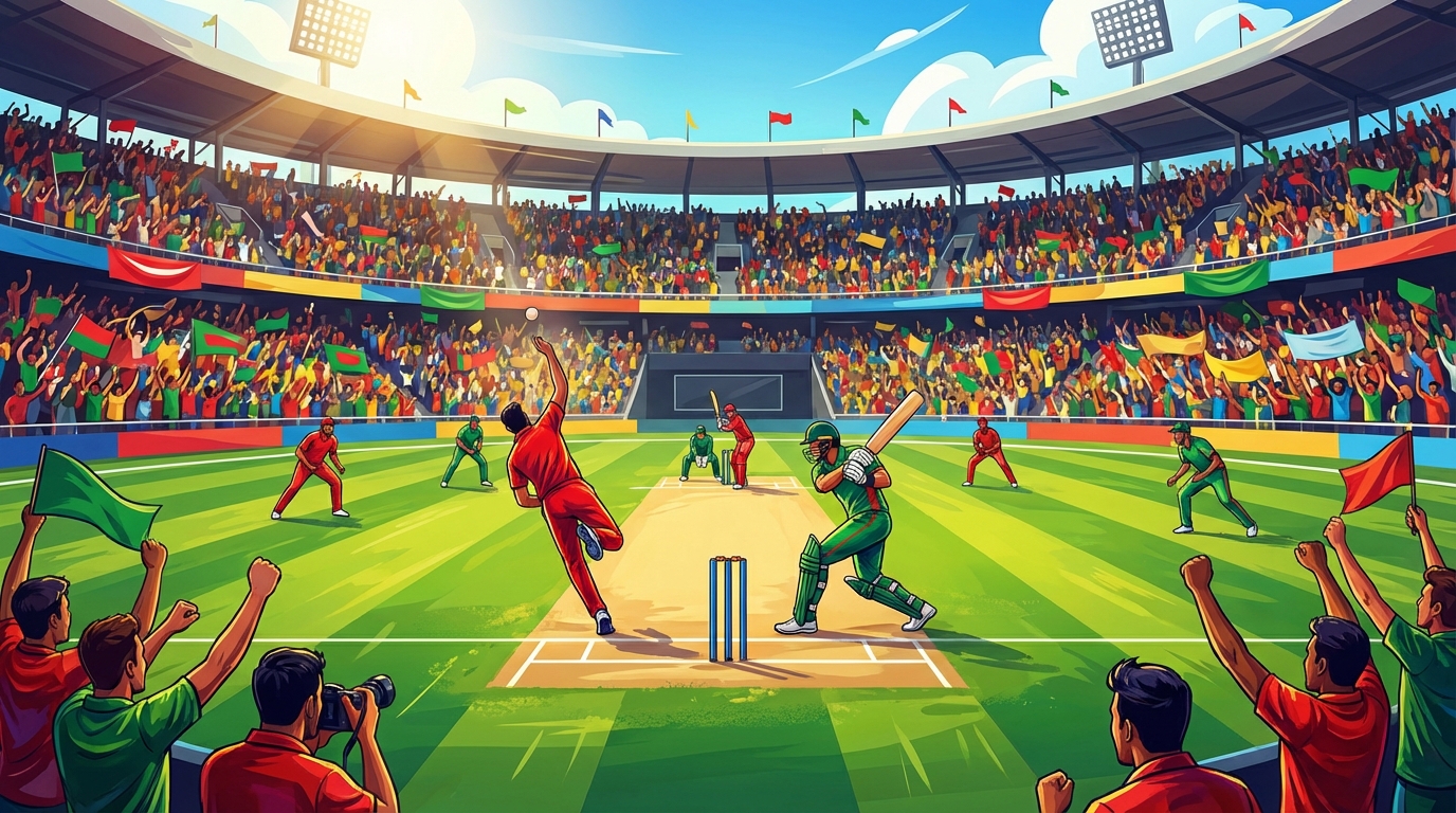 맑은 날씨의 크리켓 경기장에서 붉은색과 녹색 유니폼을 입은 선수들이 경기를 펼치고 있는 모습