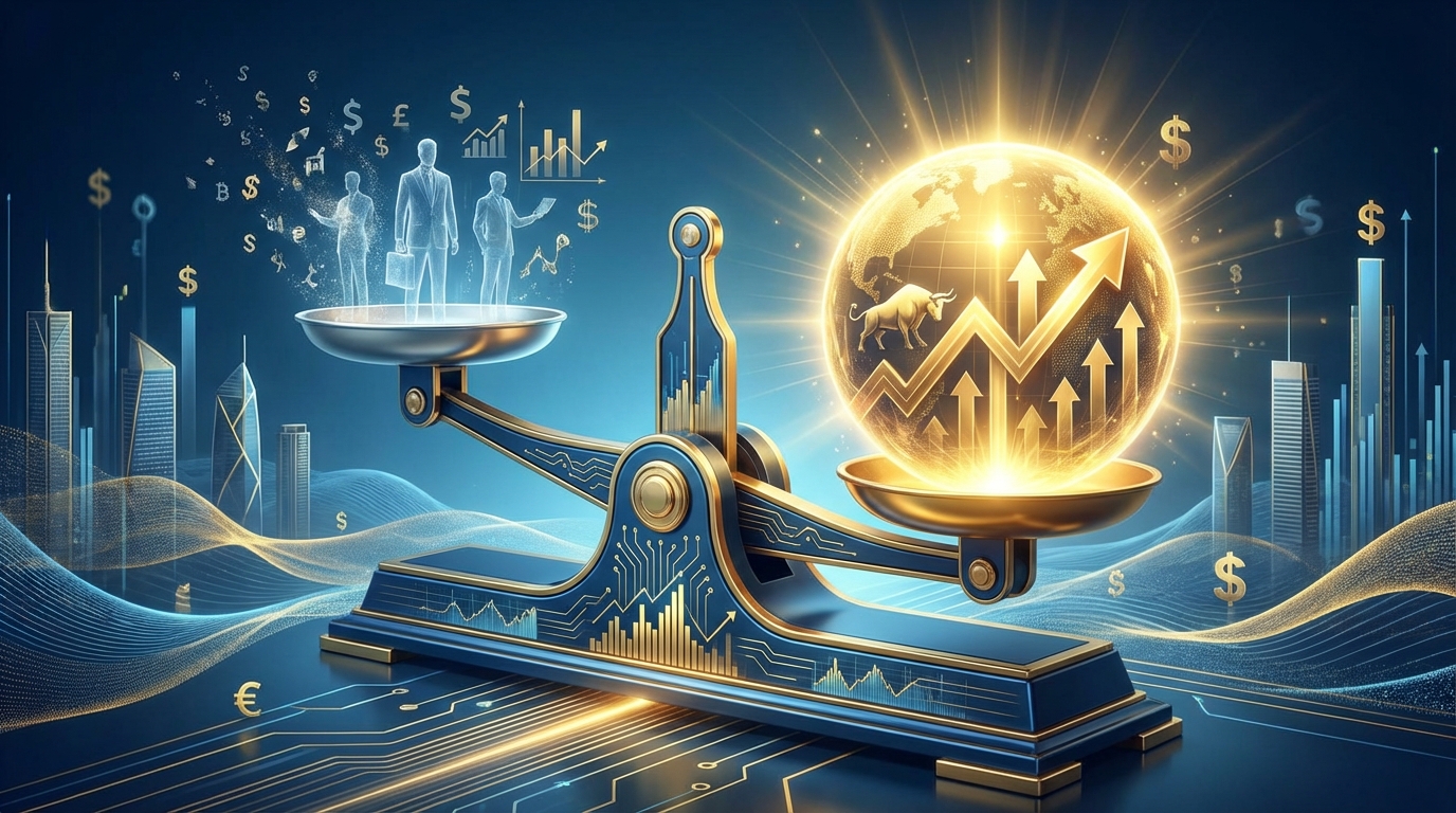 외국인 보유 비중 축소와 반등 기회를 상징하는 금융 저울과 빛나는 구체의 3D 렌더링 이미지