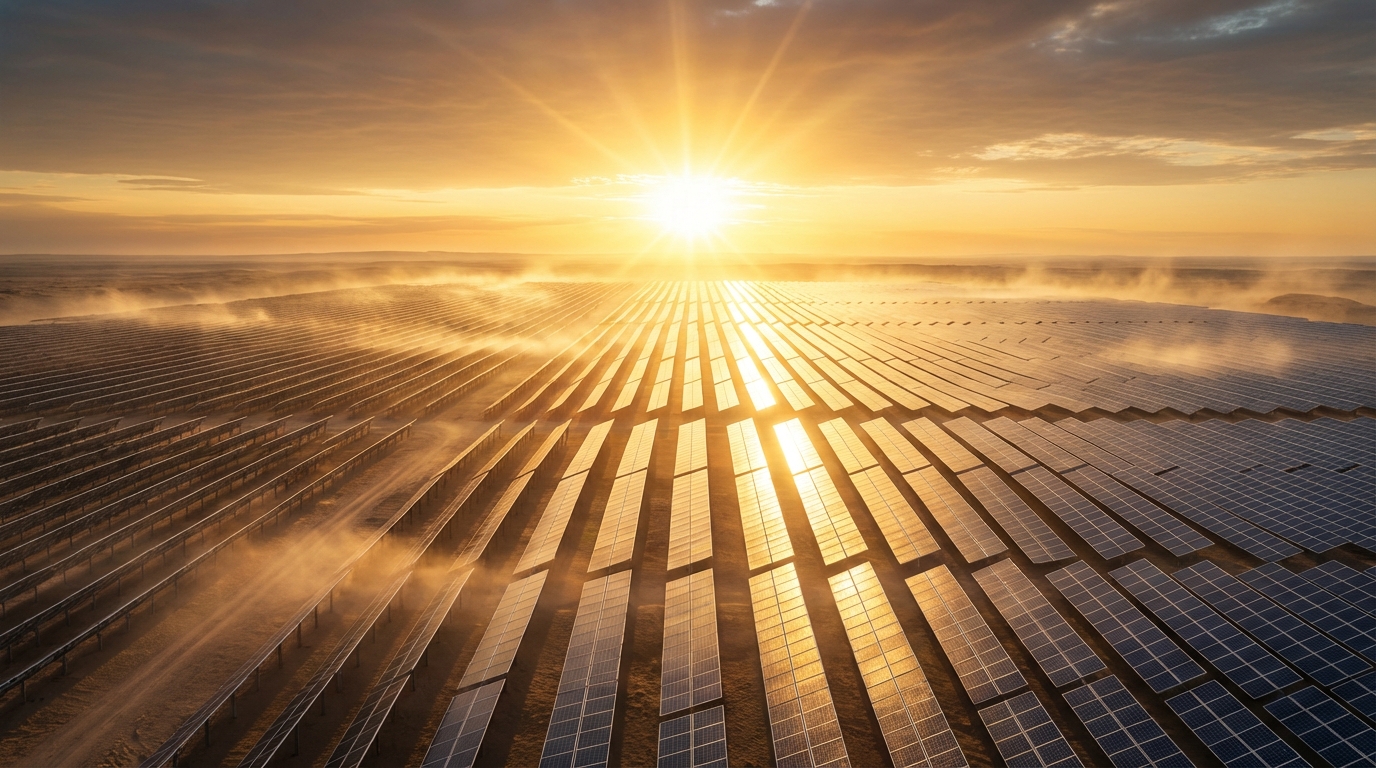 광활한 대지에 펼쳐진 태양광 발전소 패널 위로 아침 해가 떠오르며 희망찬 분위기를 자아내는 풍경