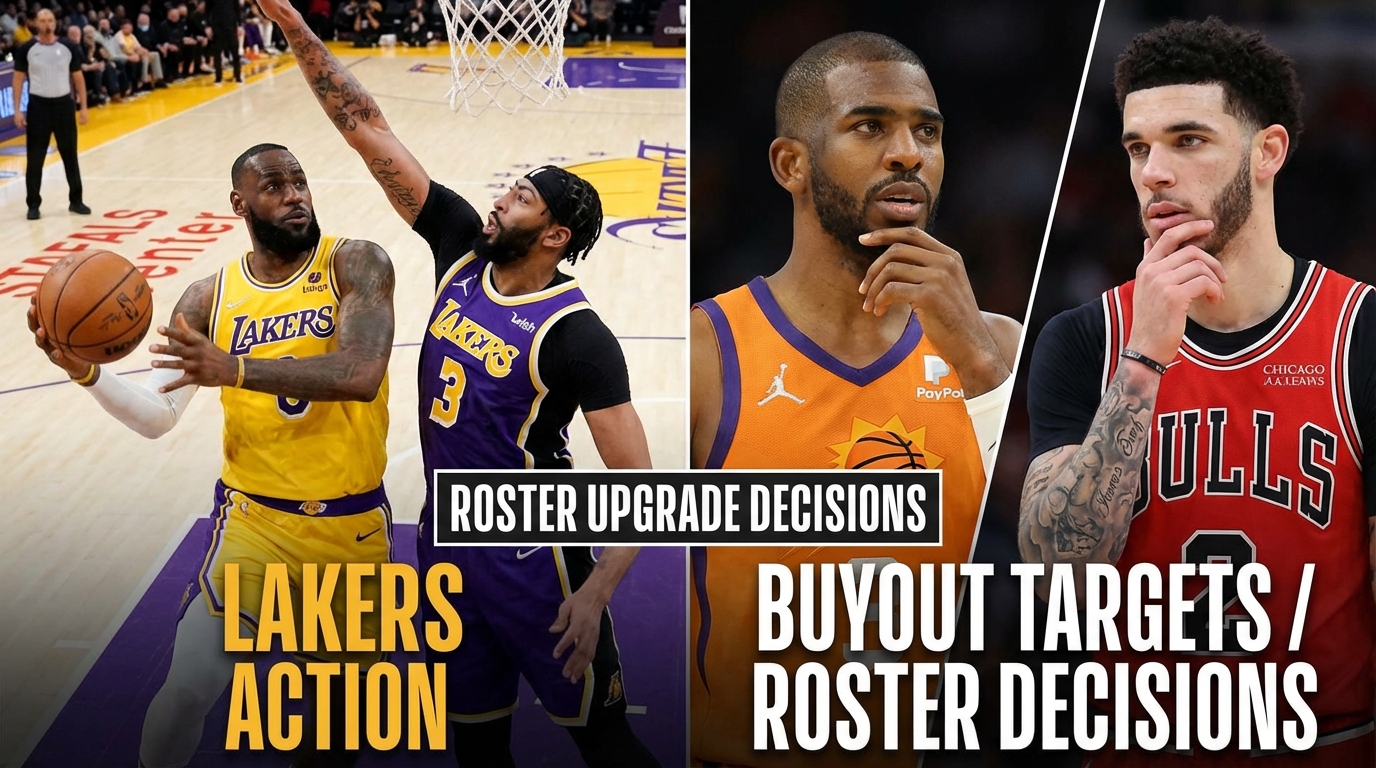 LA 레이커스의 르브론 제임스와 앤서니 데이비스가 경기하는 모습과 영입 후보인 크리스 폴, 론조 볼의 모습이 대비된 이미지