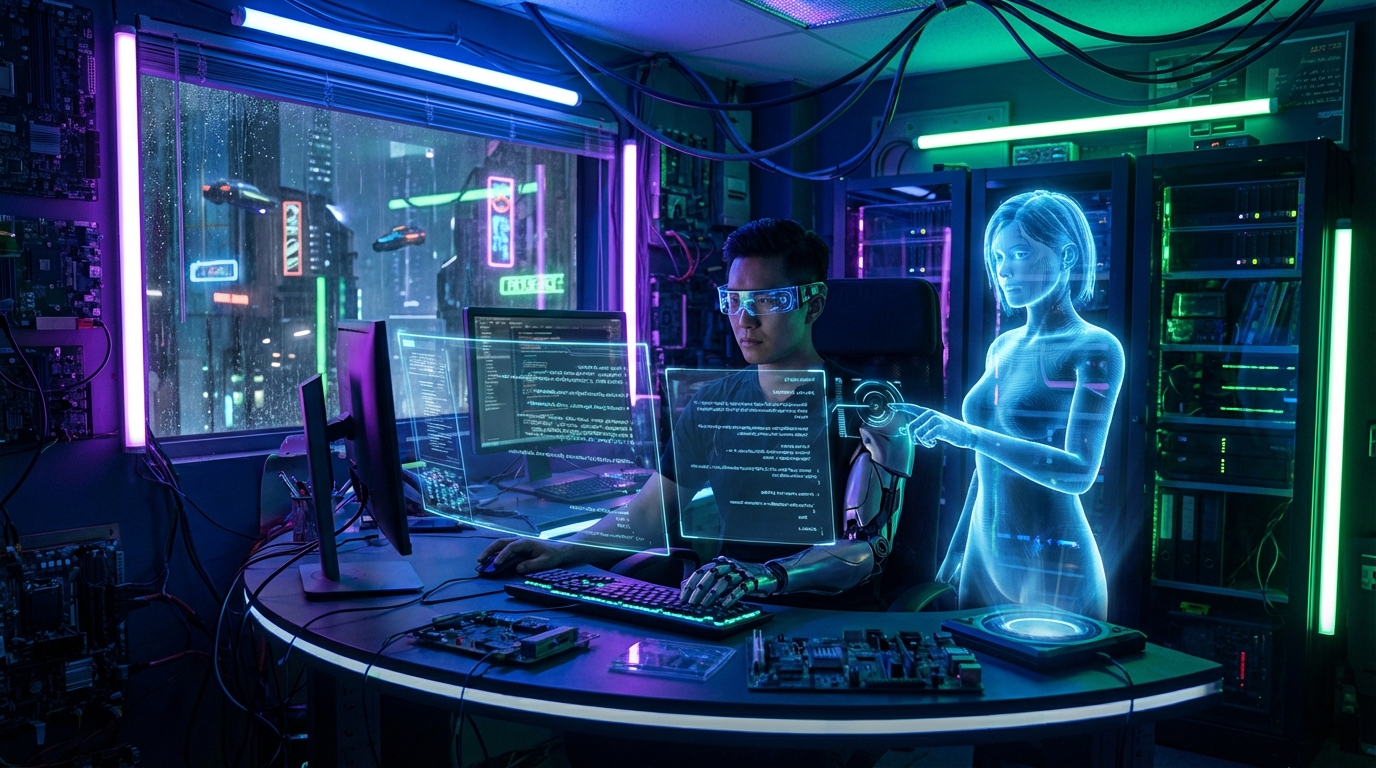 네온 조명의 미래지향적 코딩 인터페이스 앞에서 AI 에이전트와 협업하는 개발자의 모습