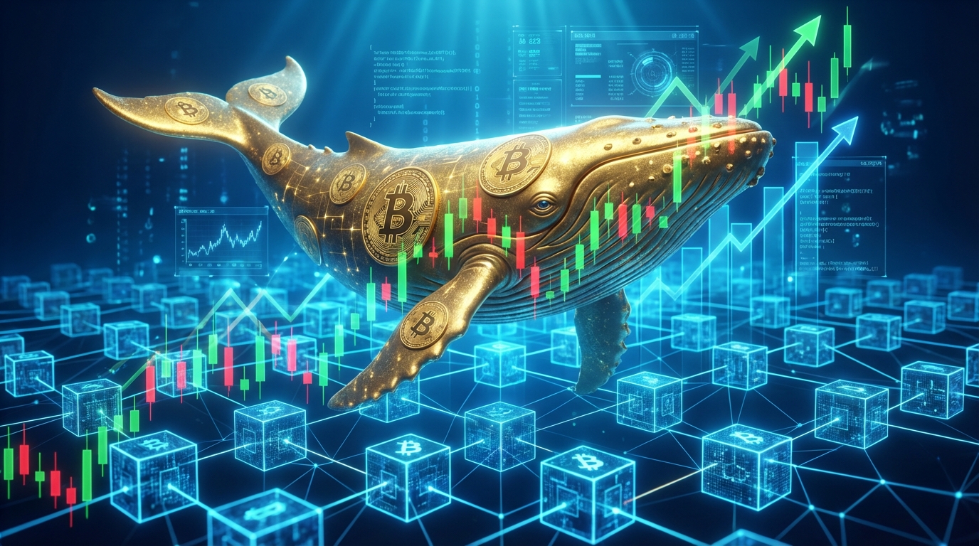 블록체인 데이터 블록으로 이루어진 바다를 헤엄치는 거대한 디지털 비트코인 고래와 그 위로 겹쳐진 시장 변동성 그래프 일러스트