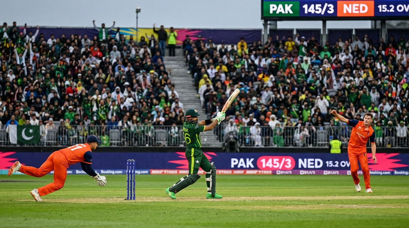 2026 T20 월드컵 네덜란드 대 파키스탄 경기 중 파키스탄 선수가 타격하는 모습과 흐린 날씨의 경기장 전경
