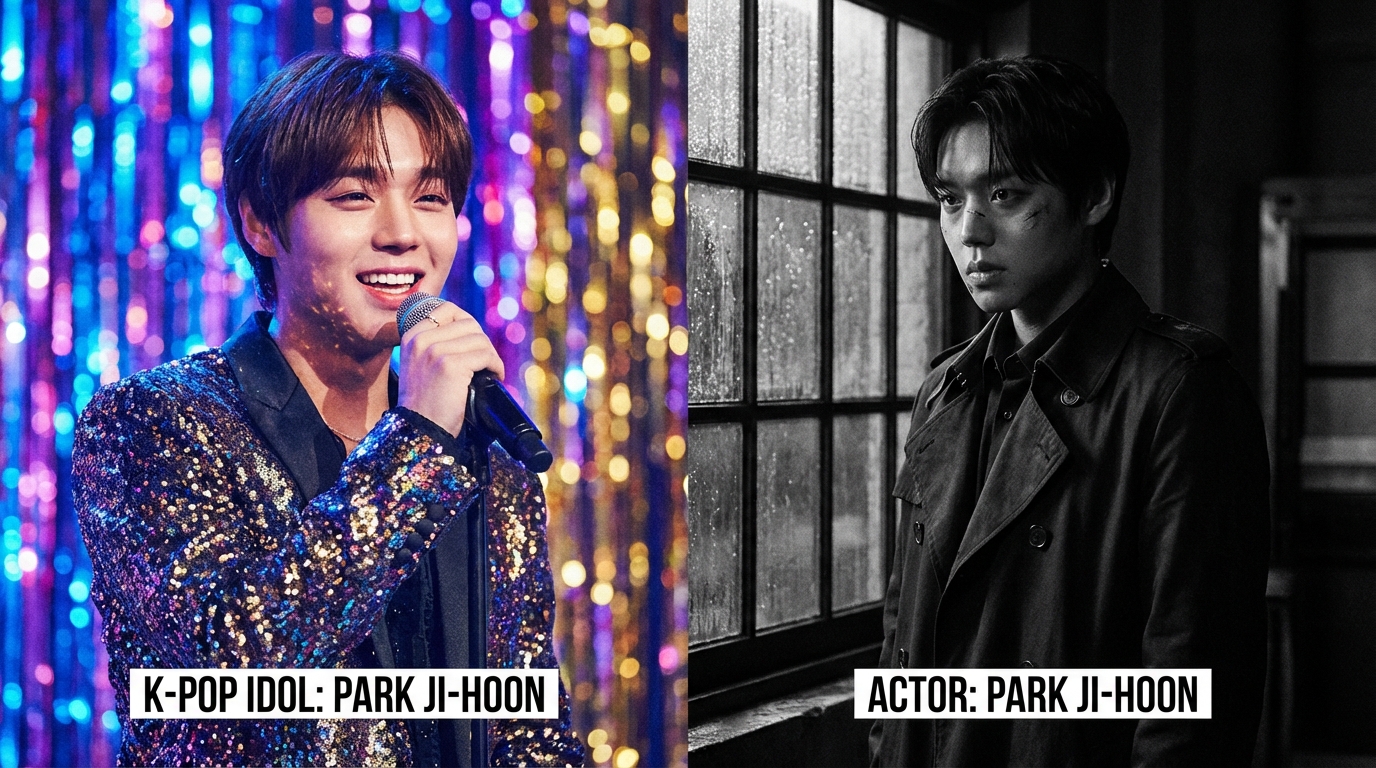 무대 위 화려한 아이돌 모습과 드라마 약한영웅 속 강렬한 눈빛 연기를 보여주는 박지훈의 대비되는 모습