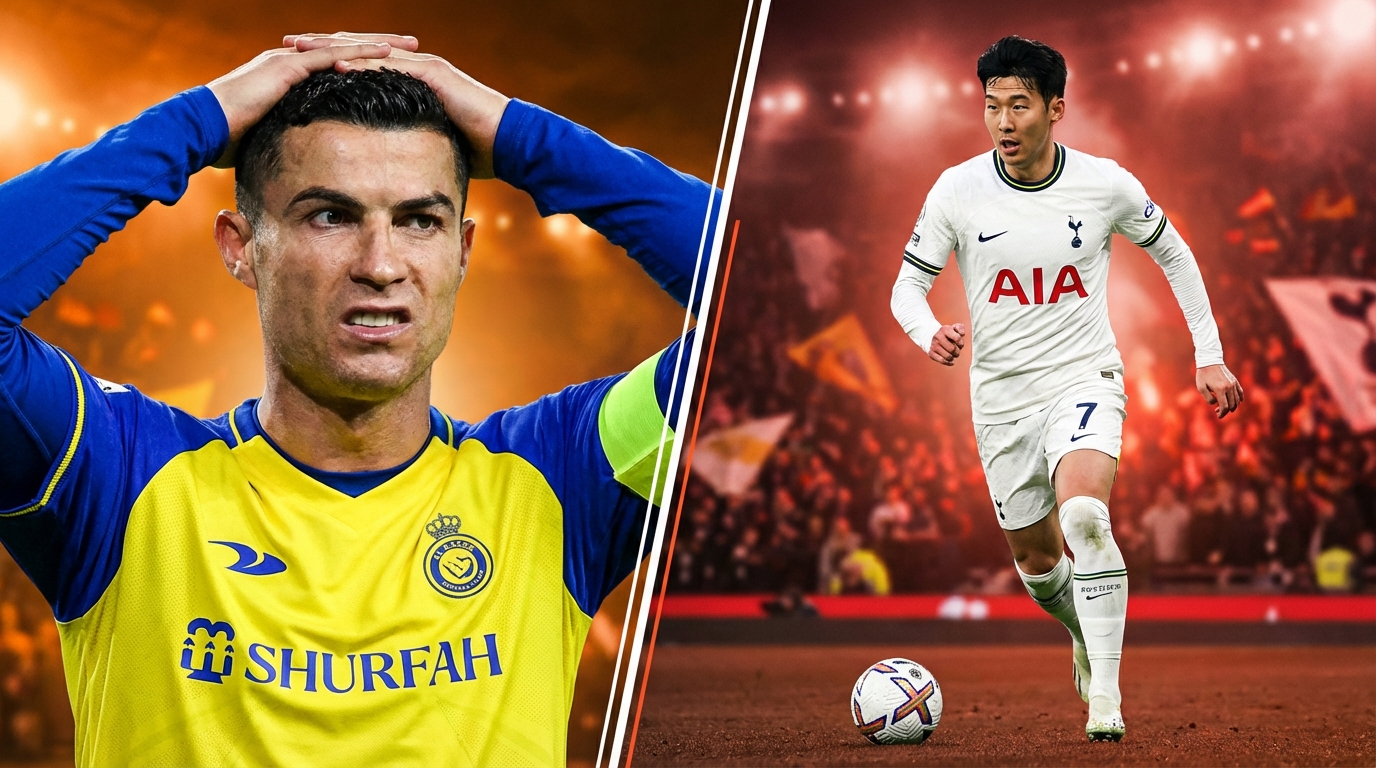 알 나스르 유니폼을 입고 좌절한 표정의 호날두와 경기 중인 손흥민의 모습이 대비되고, 배경에는 흐릿한 사우디 경기장이 보이는 이미지