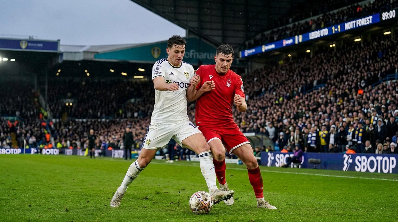 경기장에서 치열하게 볼 경합을 벌이는 리즈 유나이티드와 노팅엄 포레스트 선수들의 모습