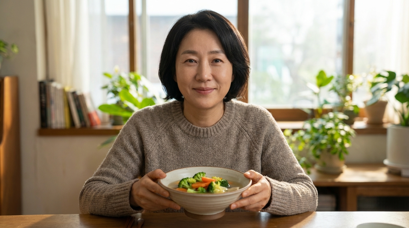 신선한 채소와 건강한 식재료로 차려진 식탁 앞에 앉아 맑은 미소를 짓고 있는 중년 여성의 모습