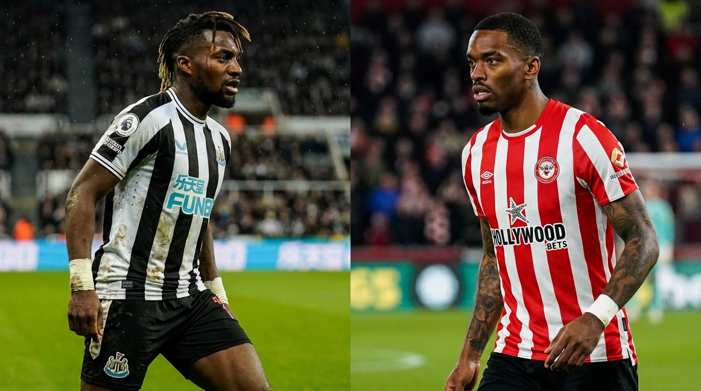 축구 경기장에서 뉴캐슬 유나이티드와 브렌트포드 선수들이 치열하게 공을 다투고 있는 모습