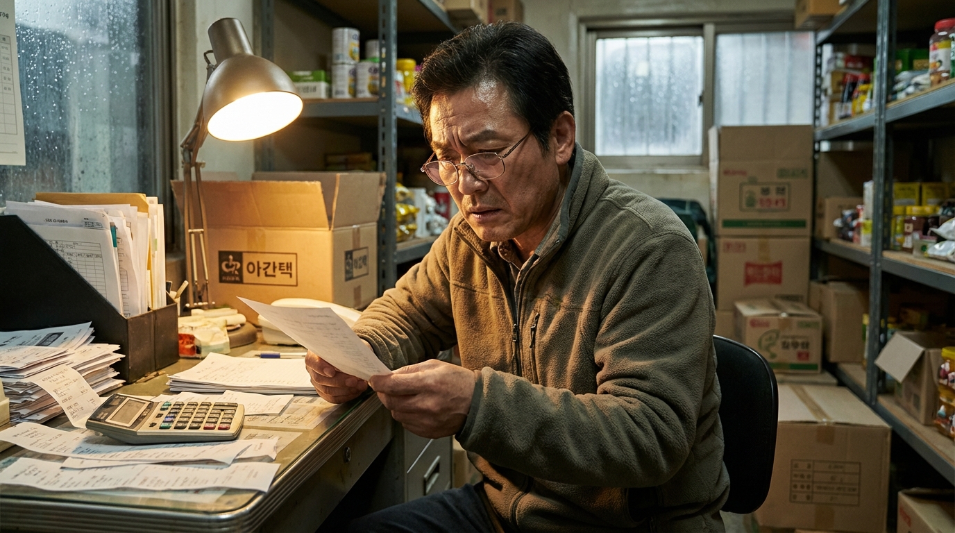 작은 사무실 책상에 앉아 심각한 표정으로 재무 서류와 계산기를 검토하고 있는 한국인 소상공인의 모습