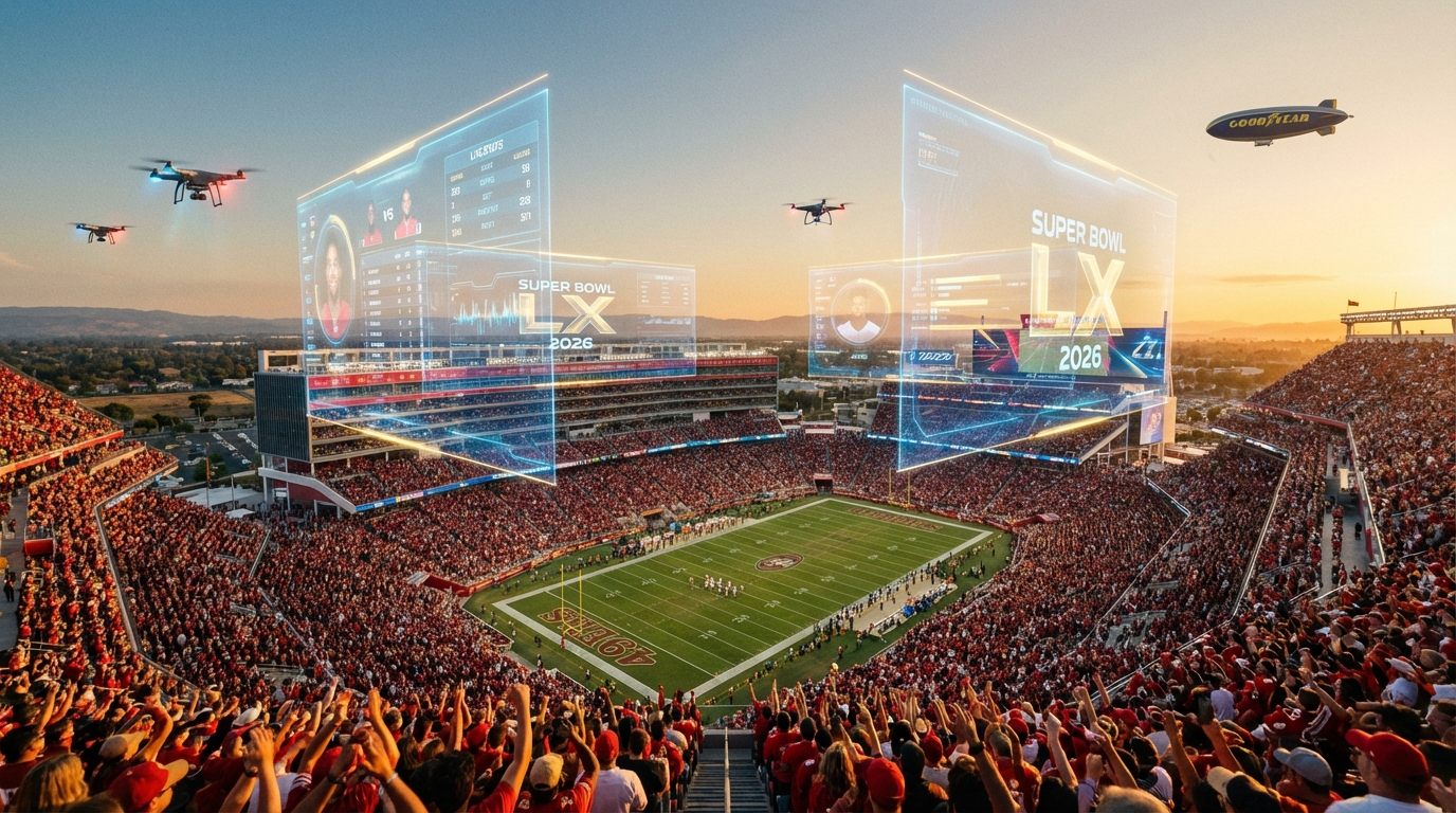 석양 아래 조명을 밝힌 캘리포니아 리바이스 스타디움의 전경과 관중들의 모습