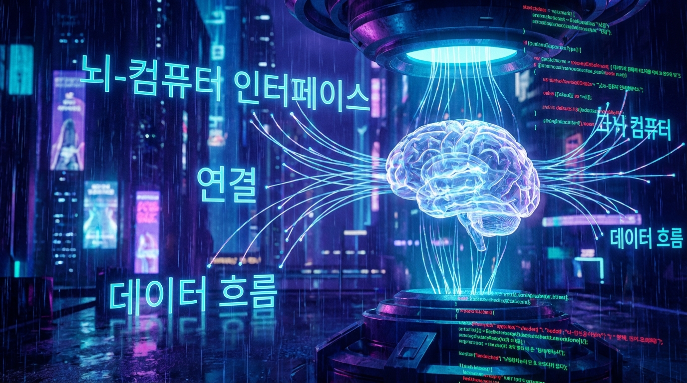 한글 문자와 프로그래밍 코드가 연결된 미래지향적인 디지털 두뇌 인터페이스 일러스트