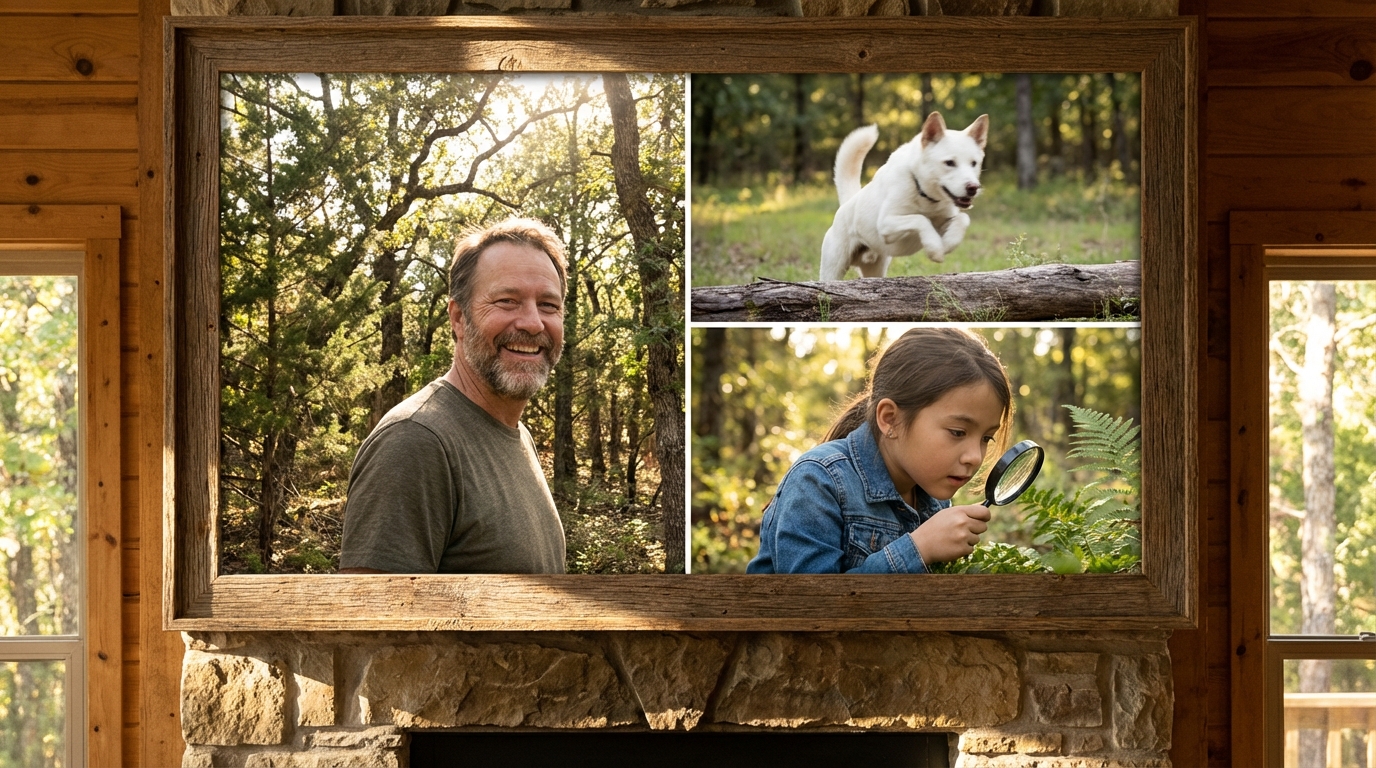 텍사스 숲속을 배경으로 환하게 웃는 올리버쌤과 활기차게 뛰어노는 진돗개, 그리고 호기심 어린 표정의 딸 체리가 함께 있는 모습
