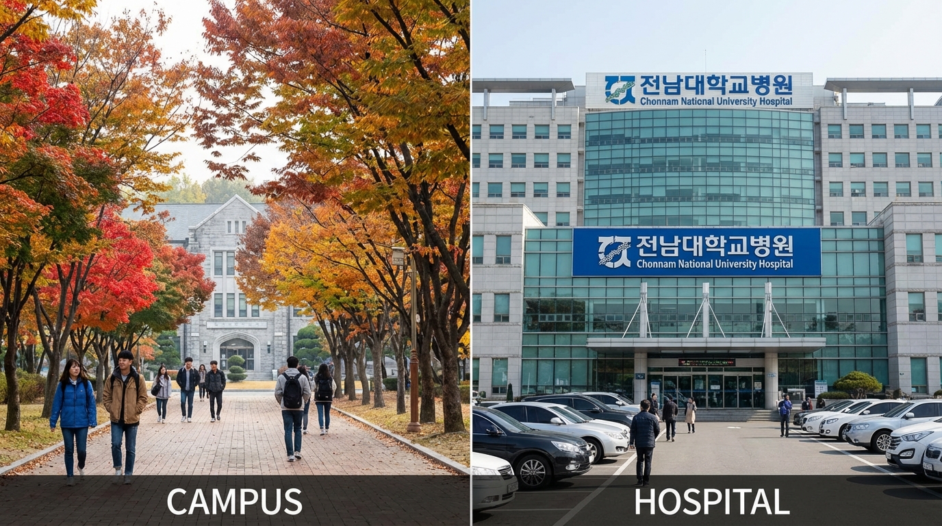 전남대학교 캠퍼스의 평화로운 전경과 전남대병원 건물의 모습이 대비되는 이미지
