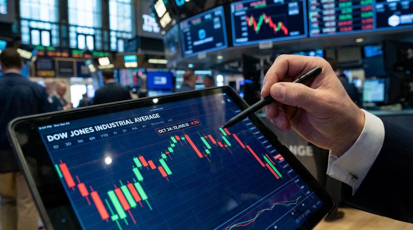 상승과 하락을 반복하는 다우지수 주가 차트 그래프와 태블릿으로 금융 데이터를 분석하는 투자자의 모습