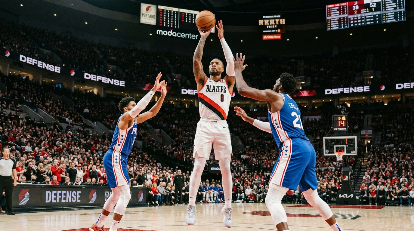 포틀랜드 트레일 블레이저스 선수가 필라델피아 수비진을 뚫고 슛을 시도하는 NBA 경기 장면