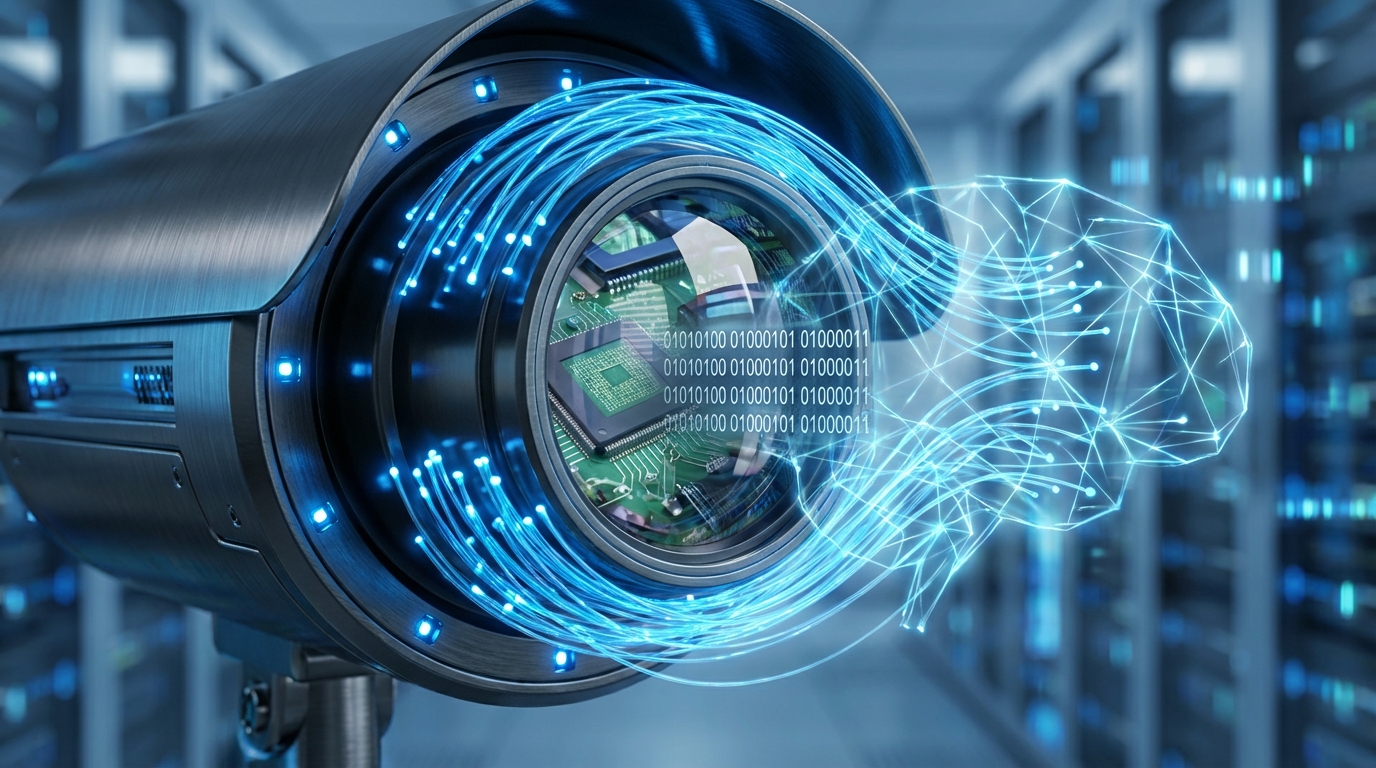 디지털 데이터 스트림과 AI 신경망이 통합되어 빛나는 미래지향적 보안 카메라 렌즈의 클로즈업 이미지