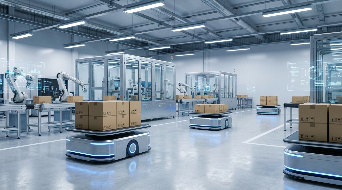 최첨단 스마트팩토리 환경에서 자재를 운반하며 자율주행 중인 물류 로봇의 모습