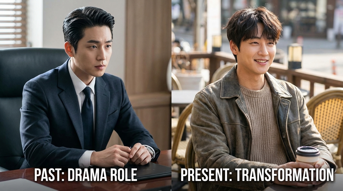 드라마 속 정장 차림의 단정한 모습과 편안한 일상복을 입은 자연스러운 모습이 대비되는 배우 정은우의 사진 콜라주