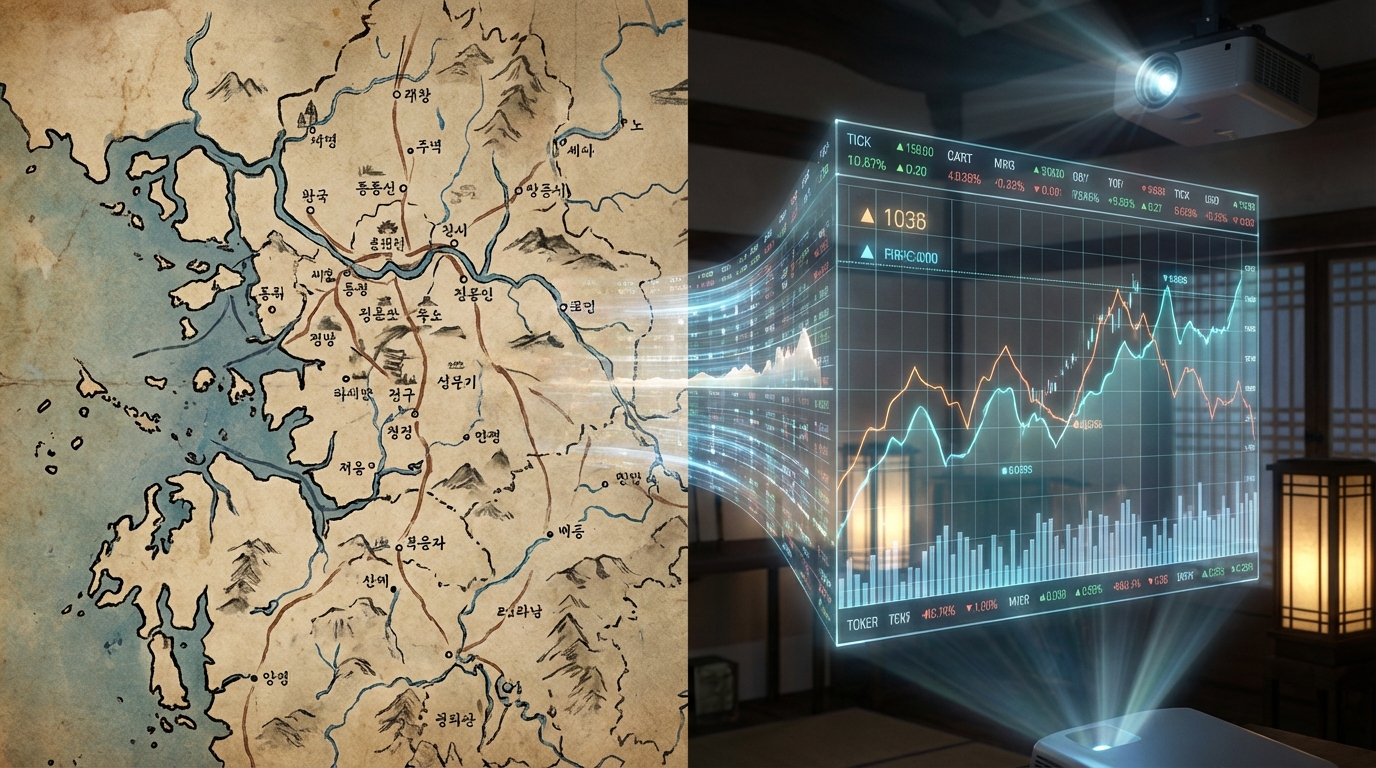 거상의 게임 내 지도와 현대적인 주식 시장 그래프가 오버랩되어 게임의 경제 시스템을 상징하는 이미지