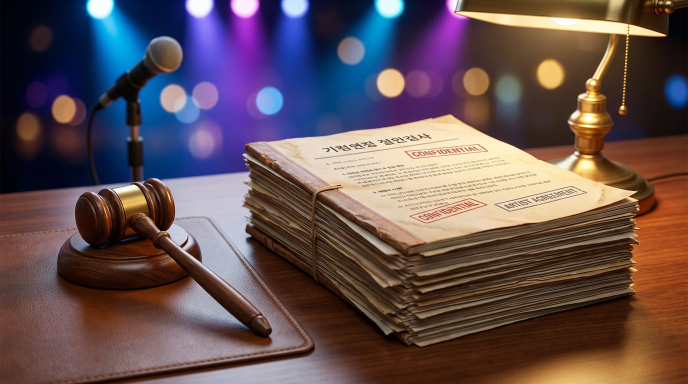 어두운 배경 위 계약서 서류와 마이크가 놓여 있어 엔터테인먼트 산업의 법적 분쟁과 비즈니스 갈등을 암시하는 이미지